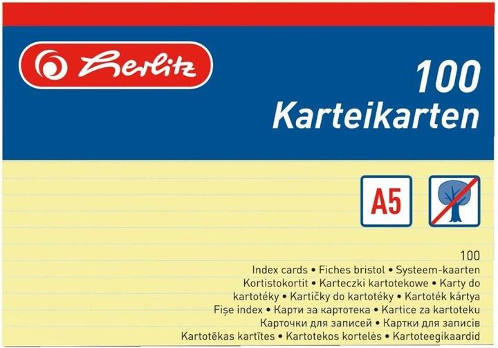 Energie-Label Herlitz Karteikarten, DIN A5, liniert, gelb aus Papier, 170 g-qm, holzfrei, Linienfarbe: blau, doppelte (A5, 170 g/m², 100 x)