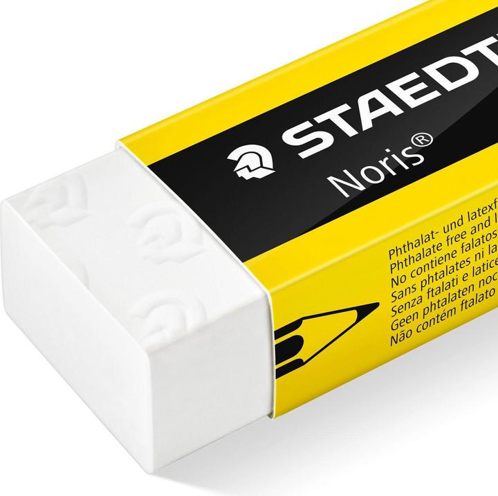 Image du produit Staedtler Gomme en plastique Noris, blanche, présentoir de 20 avec pochette coulissante en jaune/noir