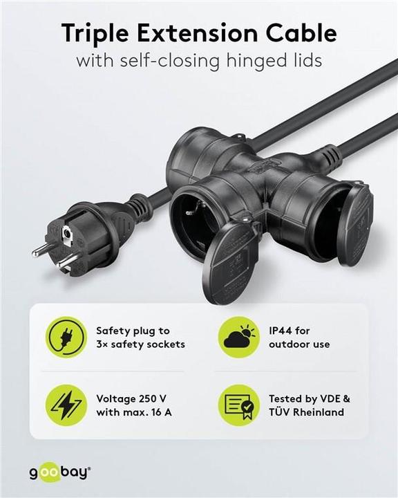 Actual product image Goobay Triple outdoor extension cable, 10 m, black (10 m, CEE 7/3)