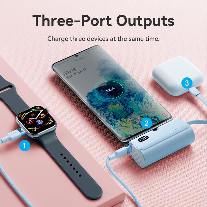 Actual product image Vention LED Display 4800mAh Power Bank (USB-C + Lightning + USB-C) 22.5W Black Foldable USB-C Type (4800 mAh, 22.50 W, 17.76 Wh)