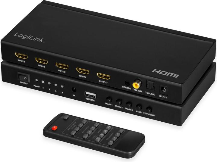 LogiLink HDMI-Switch 4x1-Port, Multiviewer, 1080p/60 Hz, Scaler, Seamless, RC