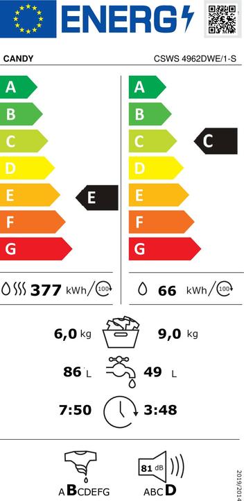 Label énergétique Candy Laveuse-sécheuse CSWS 4962DWE/1-S A