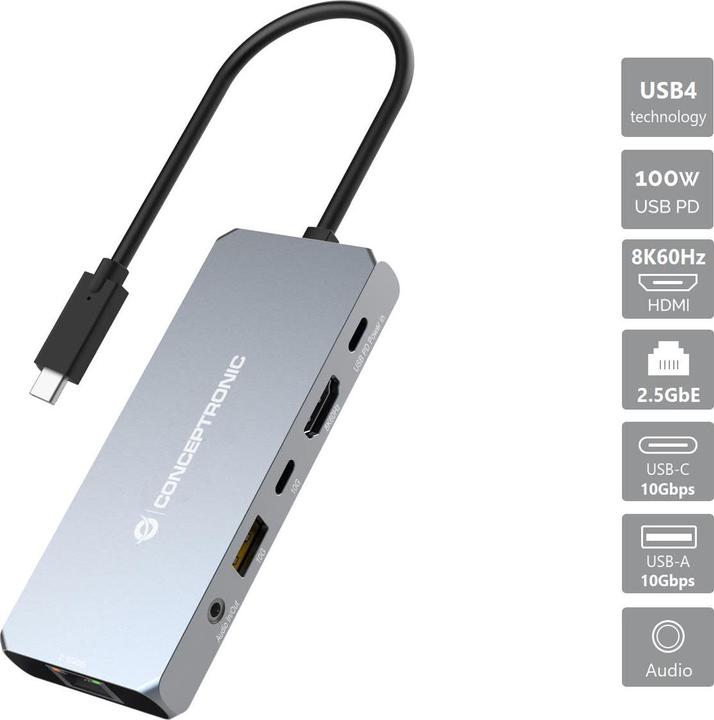 Image du produit Conceptronic Dock USB-C->HDMI,2.5GbE,USBC/3.0,100WPD0.18m gr (USB-C, 1 Ports)