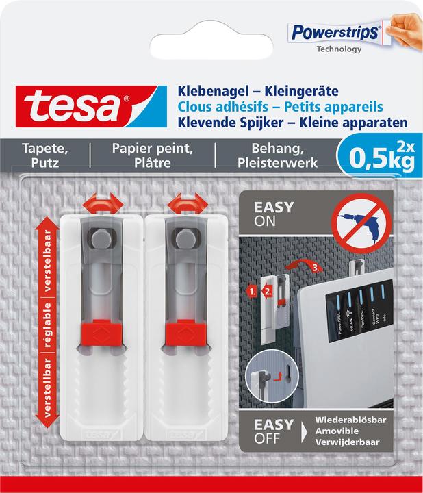 tesa Adhesive nail for wallpaper & plaster, ideal for WLAN routers, height and side-adjustable