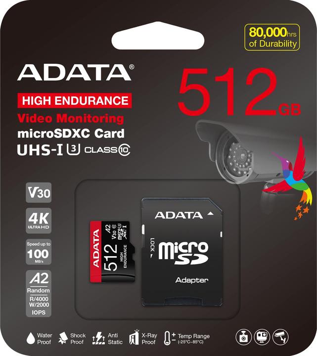 Produktbild Adata High Endurance 512 GB microSDXC (UHS-I U3, Class 10, V30, A2) (512 GB, microSDXC, U3, UHS-I)