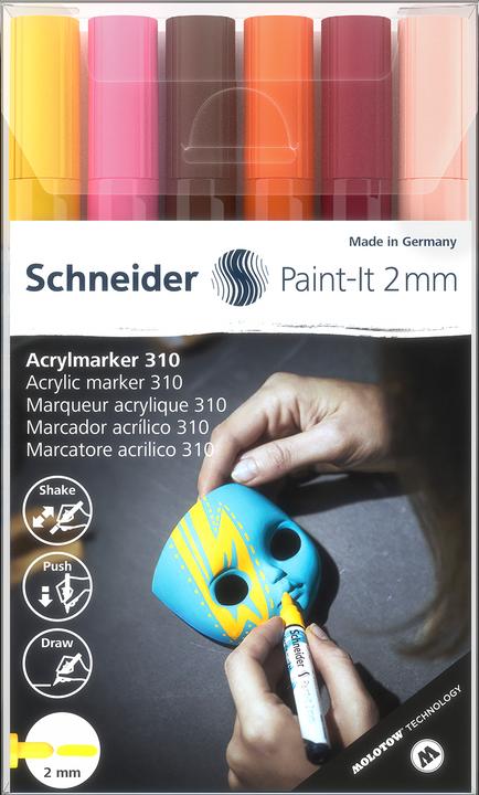 Immagine prodotto Schneider Matite acriliche Paint-It (set di 3 matite con punta da 2 mm, colori acrilici altamente coprenti (Pink, Giallo, Marrone, Albicocca, Borgogna, Arancia, 2 mm, 6 x)