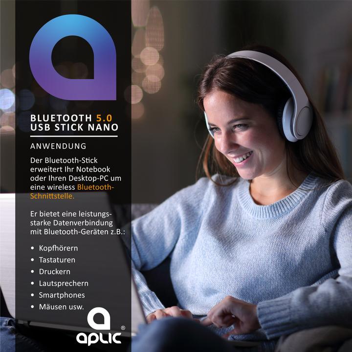 Produktbild Aplic USB Bluetooth 5.0 Stick Nano, mini BT5.0 Dongle / Adapter, für PC & Laptop, Empfänger & Sender (Sender & Empfänger)