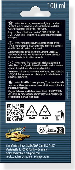 Valori nutrizionali e ingredienti Schipper La pittura per numeri: Vernice finale trasparente e lucida