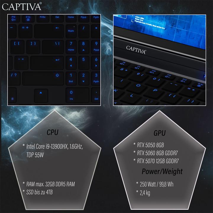 Produktbild Captiva Highend Gaming I92-175 Core i9 GeForce RTX 5070 (16", Intel Core i9-13900HX, 32 GB, 4000 GB, DE)