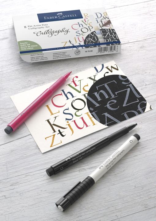 Actual product image Faber-Castell Ink pens Pitt Artist Pen Calligraphy 8 colours (Blue, Black, Brown, Green, White, Yellow, Rose, 8 x)