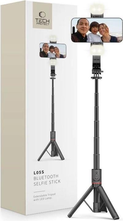 Produktbild Tech-Protect L05S Bluetooth selfie stick with tripod up to 105cm with LED lamp - black