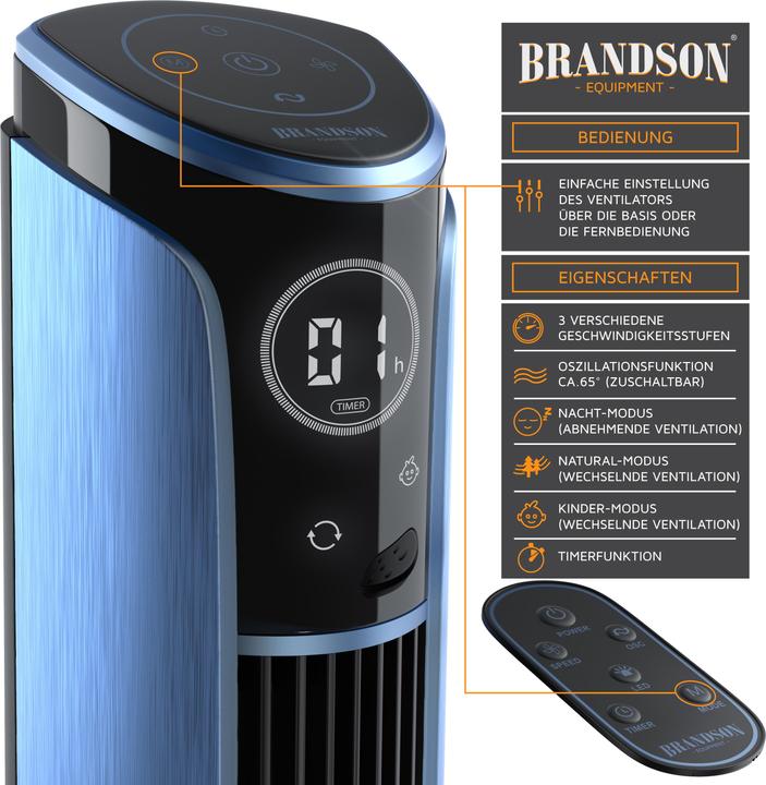 Produktbild Brandson Turmventilator, Fernbedienung, Standventilator 108 cm, 10° neigbar, Oszillation, 4 Modi, blau (52 dB)
