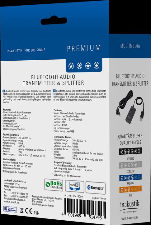 Actual product image Inakustik Bluetooth Audio Transmitter & Splitter (Channels)