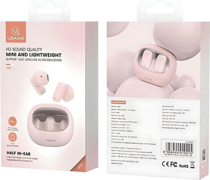Actual product image Usams Słuchawki Bluetooth 5.3 TWS TD Series bezprzewodowe różowy/pink BHUTD03 (TD22) (5 h, Wireless)