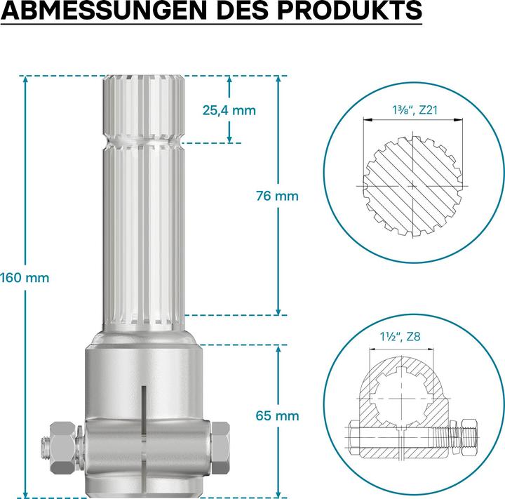 Produktbild Wiltec Zapfwelle 160mm Buchse Keilwellenaufnahme 8-32x38x6 f. Ausgangswelle 1 3/8" Z21