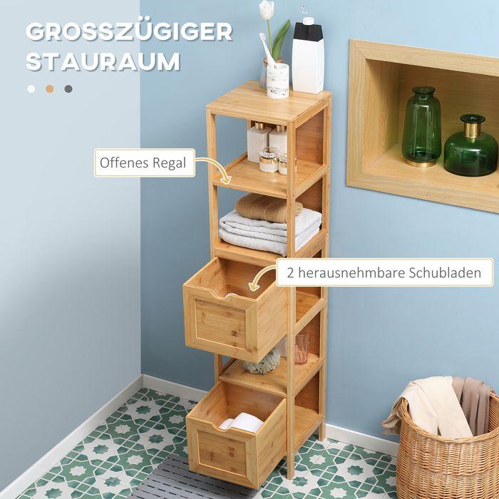 Produktbild Swisshandel24 Badezimmerschrank Bambus, 3 Regale, 2 Schubladen, Kippschutz (30 x 30 x 140 cm)