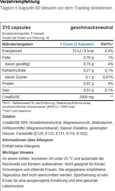 Nährwerte und Zutaten Biotech USA BioTech Creatine PH-X 210 Kapseln (210 Stück, Kapseln)