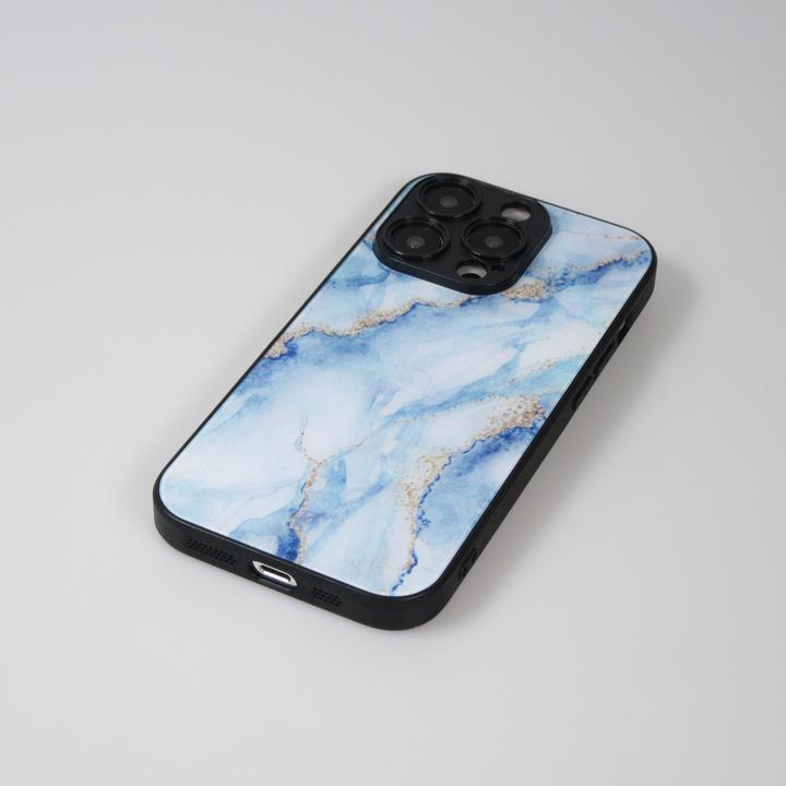 Produktbild PhoneLook Hülle Glass Marmor mit Silikonrand Hellblau (Apple iPhone 14 Pro Max)