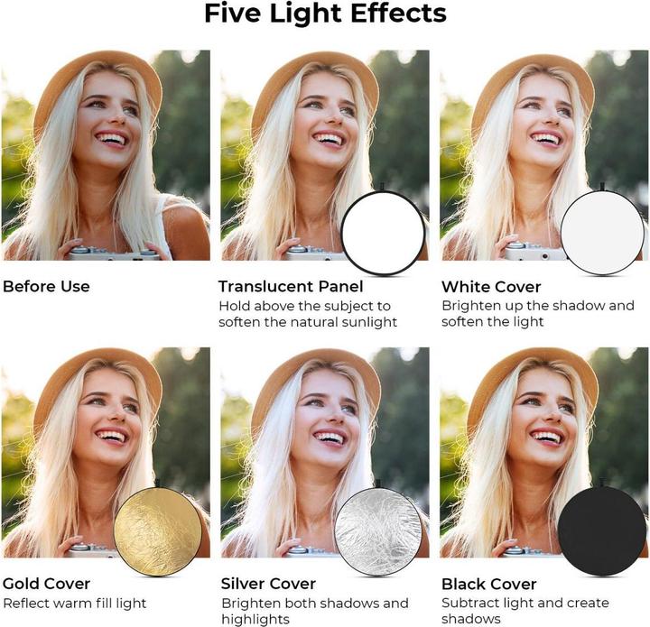 Produktbild K&F Concept 5 in 1 Circular Photography Reflector 56cm Gold Sliver Black White Translucent Panel Five Ligth Effe