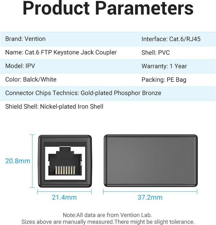 Actual product image Vention Keystone Jack Cat.6 FTP Connector IPVB0 Black (Keystone module)