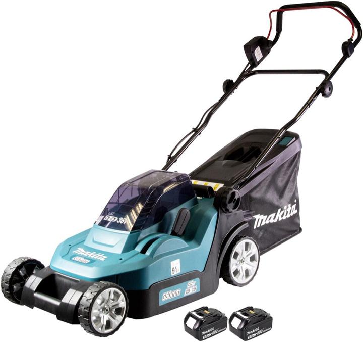 Actual product image Makita DLM 432 T2 battery lawn mower 36 V ( 2x 18 V ) 43 cm brushless + 2x battery 5.0 Ah - without charger (Rechargeable battery operated)