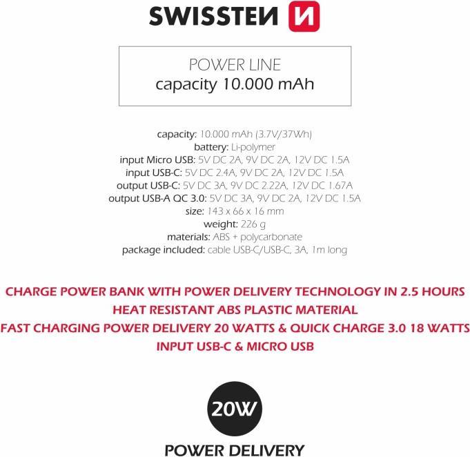Immagine prodotto Swissten Power Line (10000 mAh, 20 W, 37 Wh)