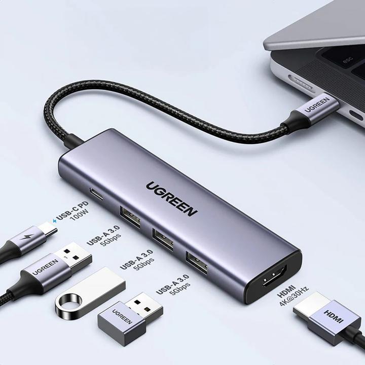 Produktbild Ugreen HUB CM511 15597 5in1 USB-C - USB-C PD / HDMI / 3x USB-A 3.0 - gray (USB-C, 5 Ports)