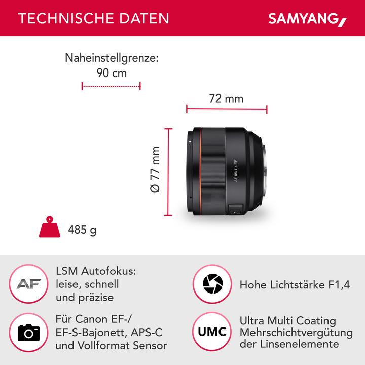Image du produit Samyang AF 85mm f/1.4, Canon EF (Canon EF, Canon EF-S, APS-C / DX, Plein format)