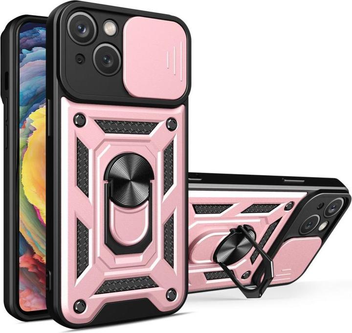 Actual product image Hurtel Hybrid Armor Camshield case with stand and camera cover for iPhone 15 - pink (Apple iPhone 15)