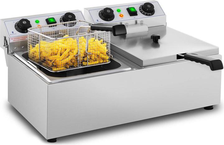 Produktbild Royal Catering Fritteuse Edelstahl Gastronomie Elektro Fritteuse 2x10 L Kaltzone 2x3200 W Timer (EU-Stecker)