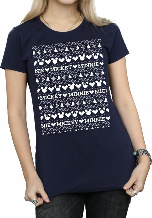 Actual product image Disney Womens/Ladies Mickey And Minnie Christmas Fair Isle Cotton T-Shirt (M)