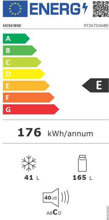 Energie-Label Hisense RT267D4ABE Doppeltür-Kühlschrank 205 Liter (206 l)