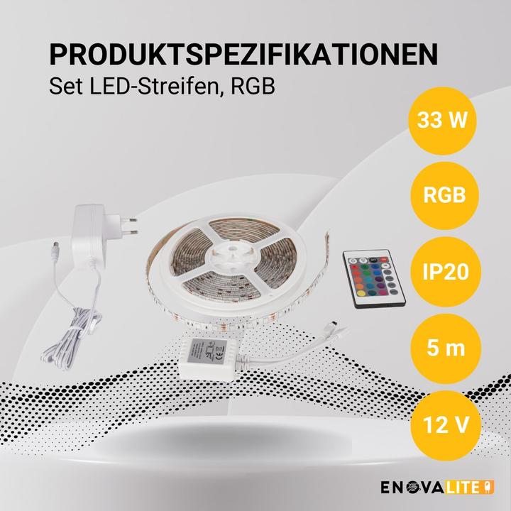 Image du produit Enovalite Kit de bandes LED, RGB, avec télécommande et adaptateur secteur (RGB, 500 cm, Intérieur)