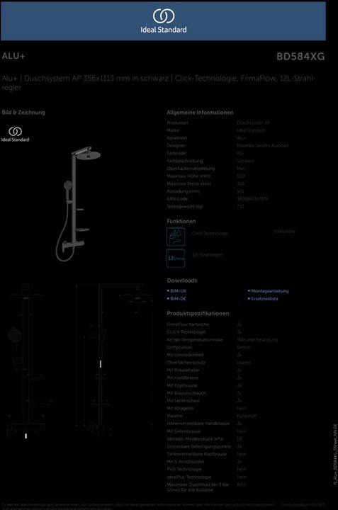 Produktbild Ideal Standard Duschsystem Alu+: Ceraflow Brausearmatur 2 Ablagen, 2F-Handbrause, 2F-Kopfbrause