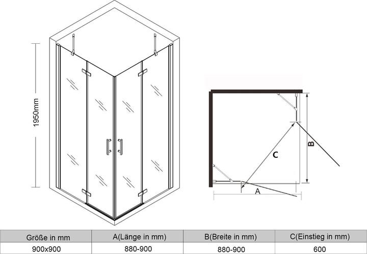 Image du produit SONNI Cabine de douche accès d'angle porte battante sans cadre 195cm 90x90cm (120 cm, 120 cm, 195 cm)
