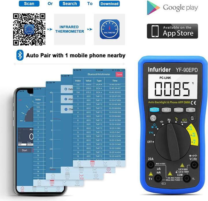 Actual product image Infurider Digitales Bluetooth-Multimeter YF-90EPD (Auto-Range)