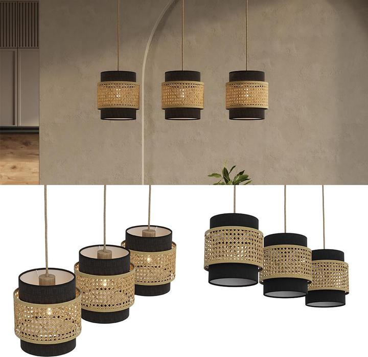 Immagine prodotto Vicco Lampada a sospensione a 3 pezzi Morten, Rattan/nero, 70 x 120 cm (E27)