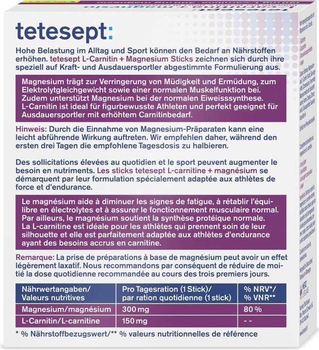 Nährwerte und Zutaten Tetesept L-Carnitin + Magnesium (20 Stück, Pulver, Beutel, Sachet, 90 g)