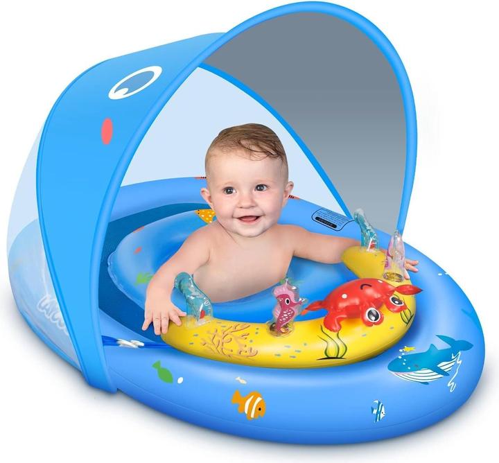 Activity Board Bouée bébé avec toit solaire UPF50+ & jouets, aide à la natation bébé pour la piscine, jeune enfant