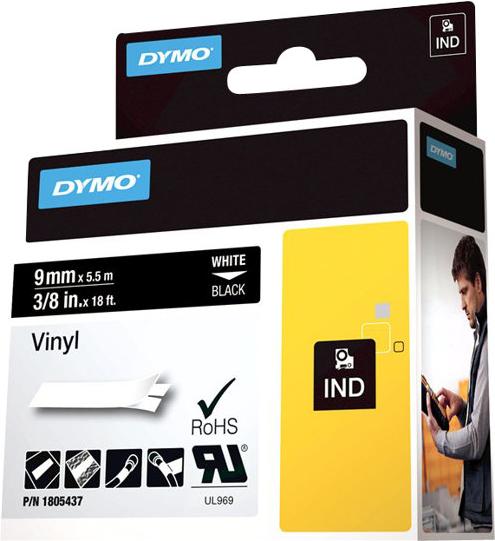 Produktbild Dymo Rhino 9mm weiß auf schwarz Vinyl (0.90 cm, Schwarz)