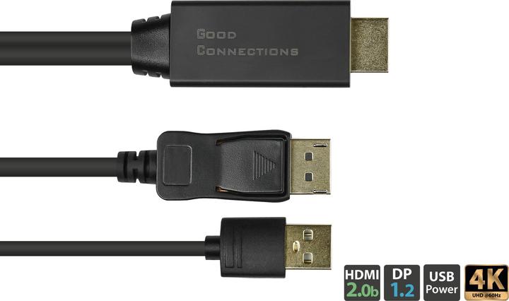 Actual product image Good Connections Adapter cable HDMI 2.0b male to DisplayPort 1.2 male, 4K @60Hz, USB Power, gold-plated contacts (2 m, HDMI)