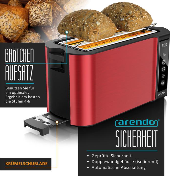 Produktbild Arendo Toaster Edelstahl 4 Scheiben Langschlitz, Brötchenaufsatz, Display mit Restzeitanzeige, Touchpanel
