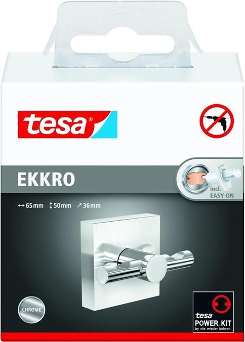 Productafbeelding tesa EKKRO Handdoekhaak, verchroomd roestvrij staal - Badkamerhaak voor wandmontage zonder boren