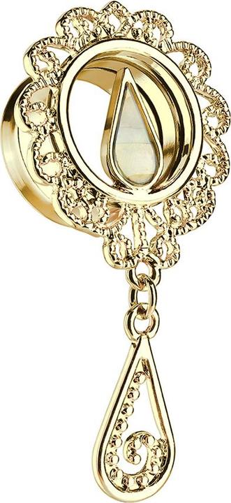 Produktbild Star Piercing Flared Tunnel 14k vergoldet Perlmutt Tropfen mit Anhänger (Chirurgenstahl 316L, Messing)