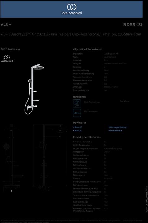 Produktbild Ideal Standard Duschsystem Alu+: Ceraflow Brausearmatur 2 Ablagen, 2F-Handbrause, 2F-Kopfbrause