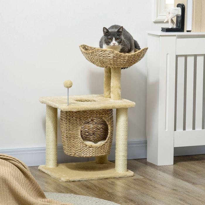 Immagine prodotto Swisshandel24 Tiragraffi piccolo, 74 cm con grotta per gatti, palla da gioco, con letto, fino a 5 kg, beige (74 cm, Beige)