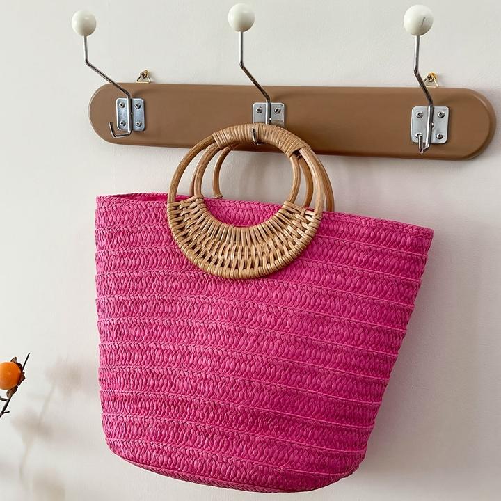 Only-Bags.Store 1pc hohe Qualität, Sommer-Stil grosse Kapazität einfache Farbe gewebt Stroh runden Griff Strand
