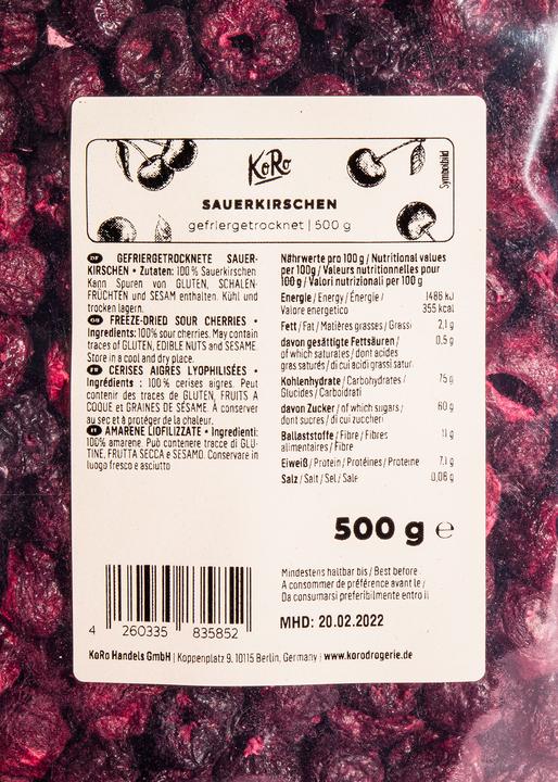 Nährwerte und Zutaten KoRo Gefriergetrocknete Sauerkirschen (500 g)