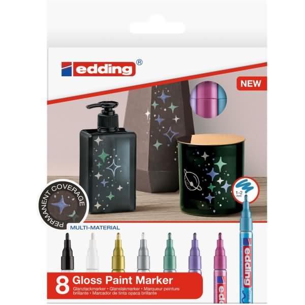 Immagine prodotto Edding Pennarello per vernice lucida (Nero, Bianco, Argento, Rosa, Giallo, Rame, Oro, Blu chiaro, 2 mm, 8 x)