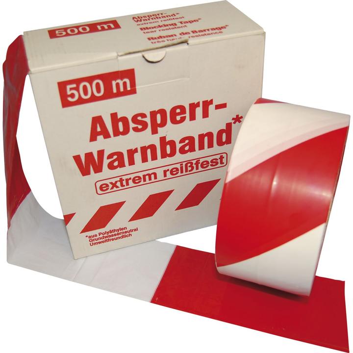 Produktbild Foltec Warnband / Absperrband 80mm x 500m Rot und Weiss - extrem Reissfest (80 mm)